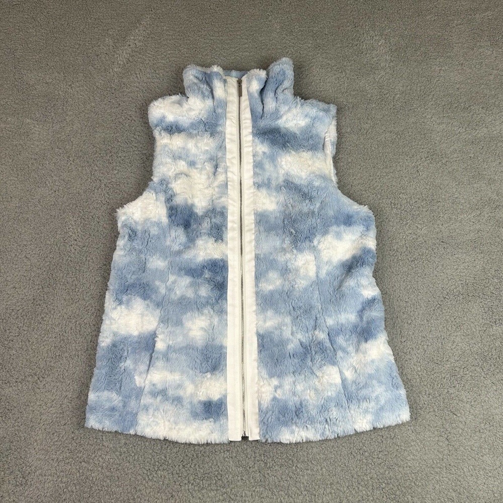 Chicos Vest Womens Medium Blue & White Cloud Faux‎ Fur Sleeveless Full Zip Lined